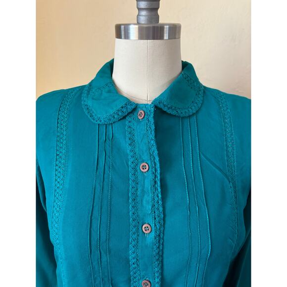 80s VTG Star of India Teal Women's Blouse Peter Pan Collar Boho Cotton Size S - Picture 2 of 6
